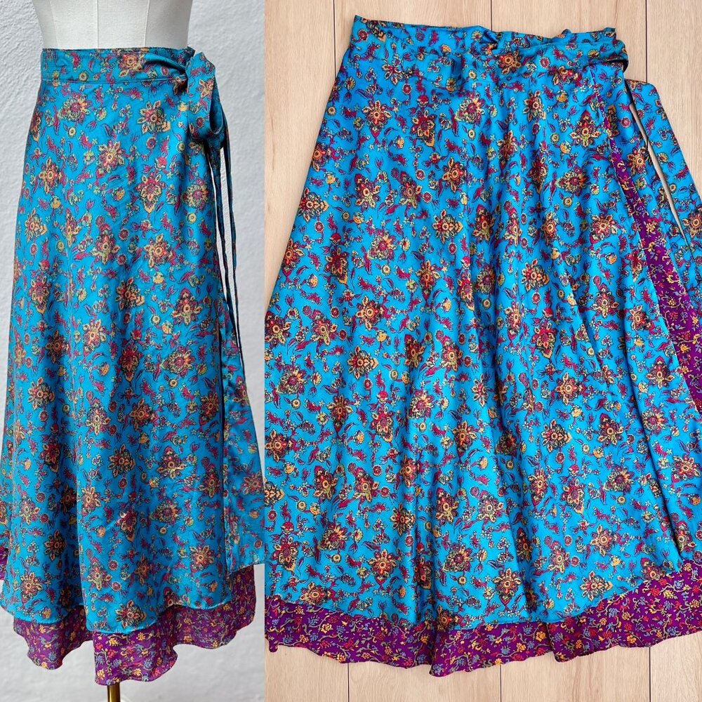 Kariza Silk Rayon Paisley Floral Fairycore Tiered Wrap Skirt One Size Fits Most